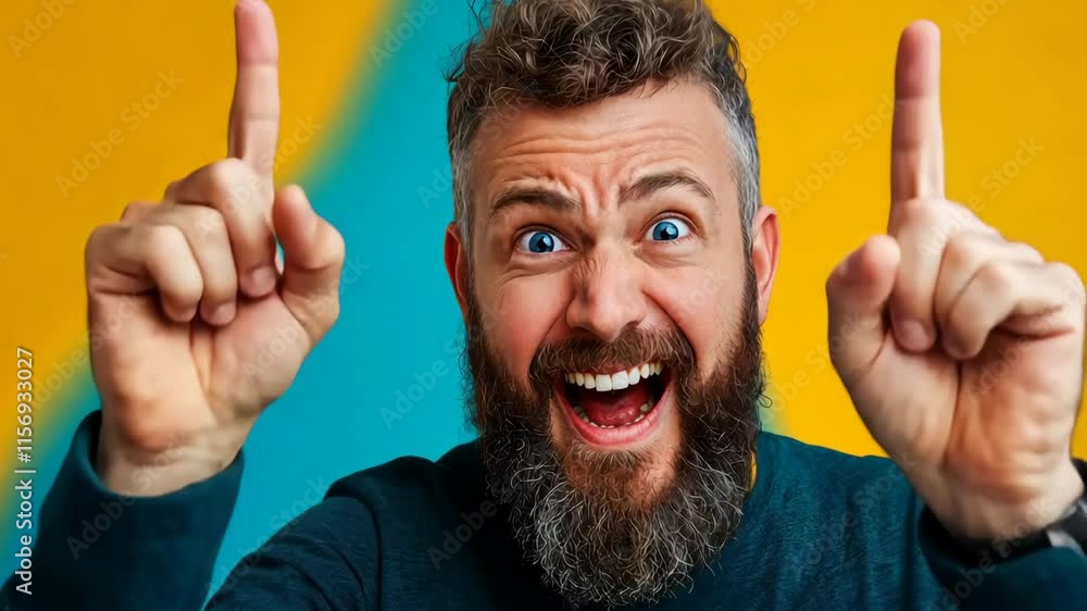Poster man with a beard and a mustache is making a thumbs up gesture. he is smiling and he is happy
