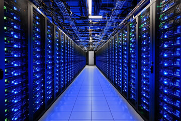 Server Racks and Cabinets full of Hard Drives inside Large Data Center. Advanced Cloud Computing Concept.
