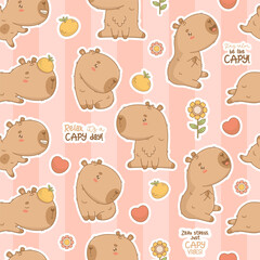 Seamless pattern. Cute Capybara cartoon kawaii character on striped pink background. Vector illustration. Kids collection