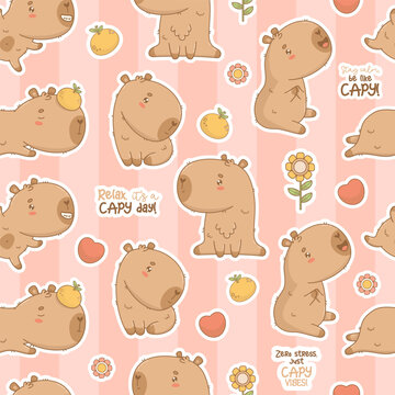 Seamless pattern. Cute Capybara cartoon kawaii character on striped pink background. Vector illustration. Kids collection