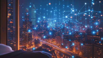 Obraz premium Smart digital Innovation city with connection network reciprocity over the cityscape. of future smart wireless digital city and social media networking systems that connects people with in city