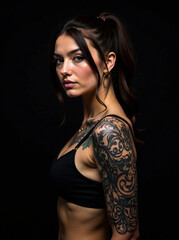 Tattoo artist woman Portrait of tattooed full body with black background copy space, creative design