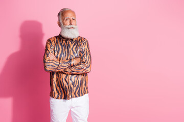 Photo of cool confident elegant glamorous grandfather standing with crossed arms posing near empty...