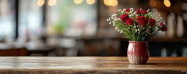valentine cafe decoration concept A vase of flowers on a wooden table in a cozy cafe setting.