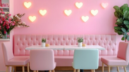 valentine cafe decoration concept Cozy pink cafe with heart lights and pastel-colored furniture.