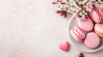 valentine decoration concept Delicate pink macarons with flowers and a heart-shaped decoration on a soft background.