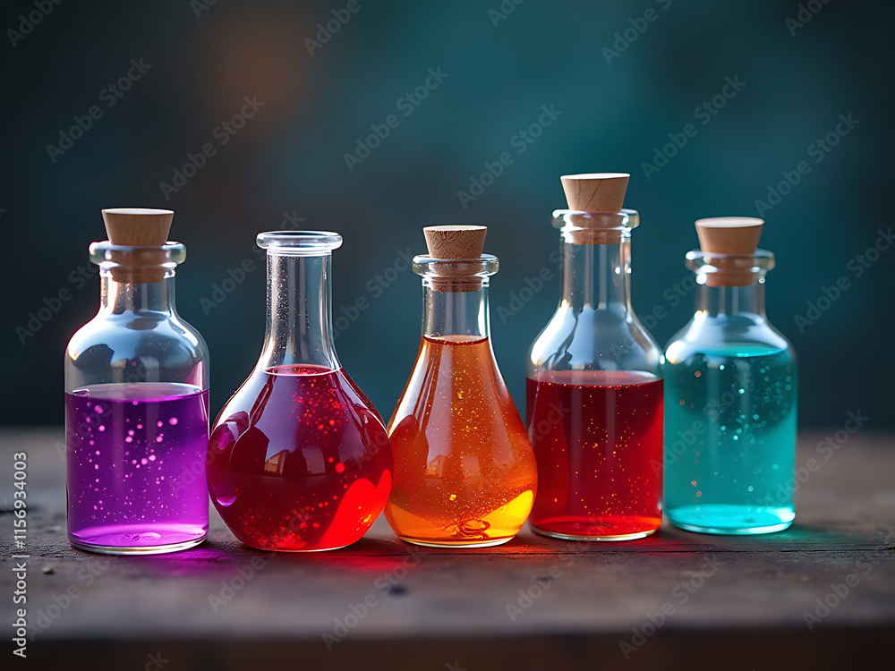 Poster vibrant glass bottles filled with colorful magic potions sit on a blurred background, created using 