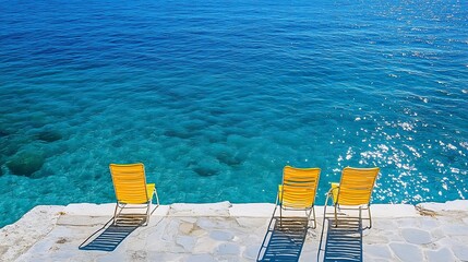 Fototapeta premium Vibrant Yellow Beach Chairs Bask Gently Beside a Sparkling Azure Sea: Photo, High-Angle View. AI Generated