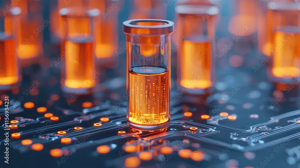 Poster glowing liquid in test tubes on circuit board high tech science background