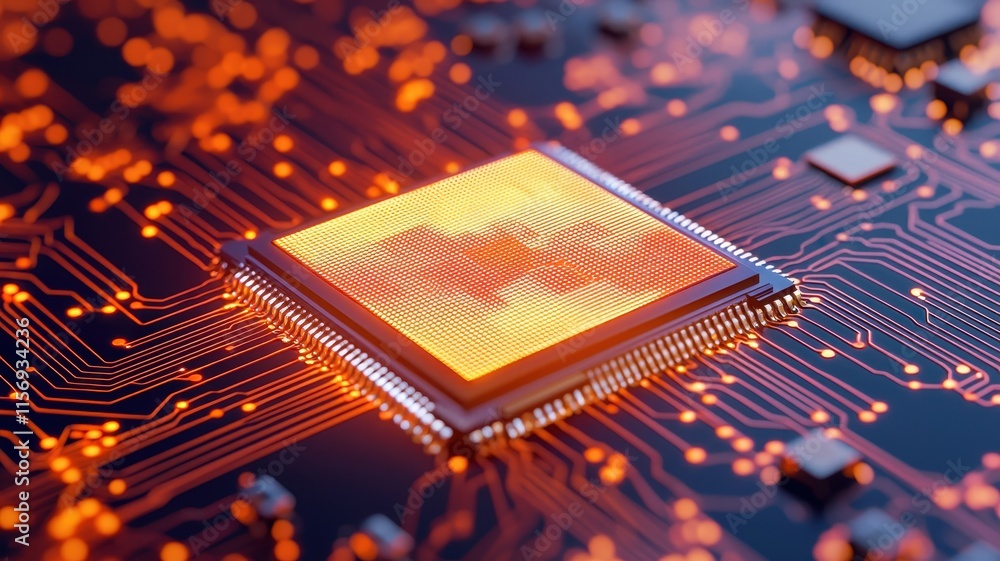 Poster glowing microchip circuit board high tech digital technology background