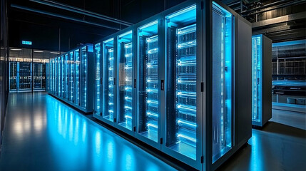 Server Racks and Cabinets full of Hard Drives inside Large Data Center. Advanced Cloud Computing Concept.
