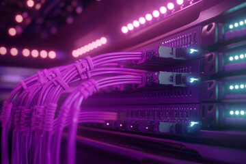 Server Racks and Cabinets full of Hard Drives inside Large Data Center. Advanced Cloud Computing Concept.
