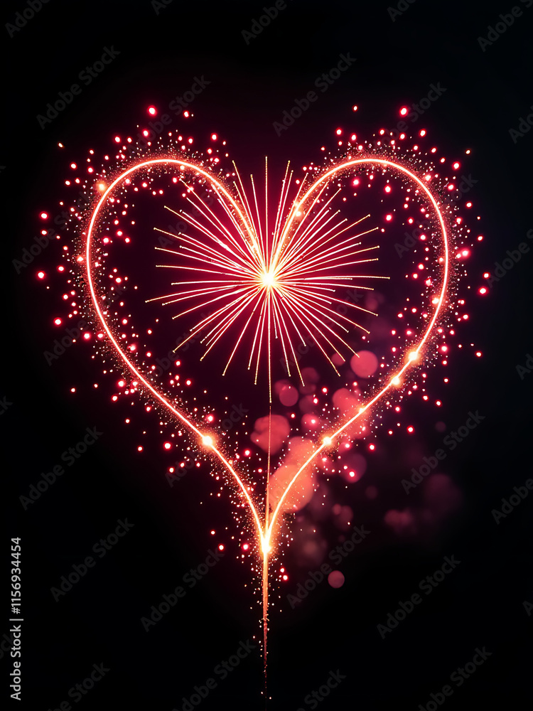 Poster Vibrant Fireworks In Heart Shape Explode Against A Black Background, Creating A Stunning Visual Display Of Color And Light Effect. 00003
