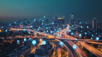 Obraz premium Smart digital Innovation city with connection network reciprocity over the cityscape. of future smart wireless digital city and social media networking systems that connects people with in city