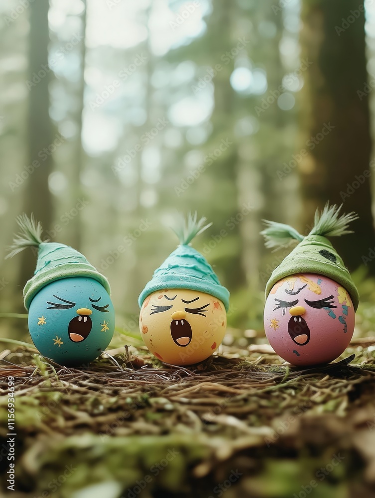 Poster three colorful eggs with faces in a forest setting
