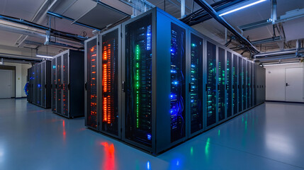 Server Racks and Cabinets full of Hard Drives inside Large Data Center. Advanced Cloud Computing Concept.
