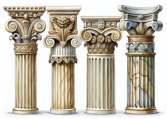 Obraz premium Hand-Drawn Classical Architectural Orders: Detailed Illustrations of Doric, Ionic, Corinthian, Tuscan, and Composite Columns