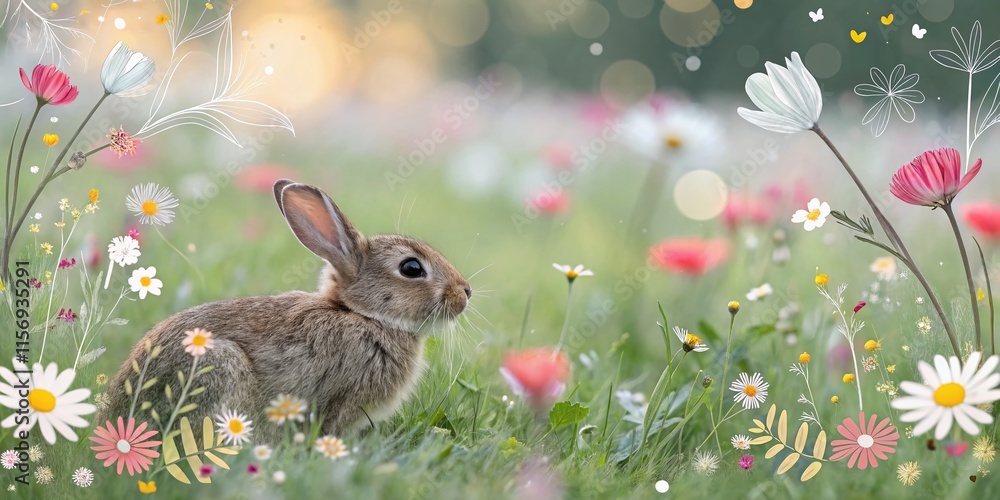 Poster hand-drawn rabbit & flower bokeh pattern: decorative print design