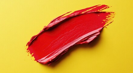 Red lipstick smudge isolated on a yellow background, studio shot