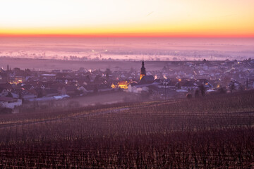 winter sunrise over a village