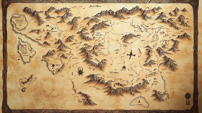Hand-drawn Map of a Fantasy World with Mountains, Rivers, and Settlements