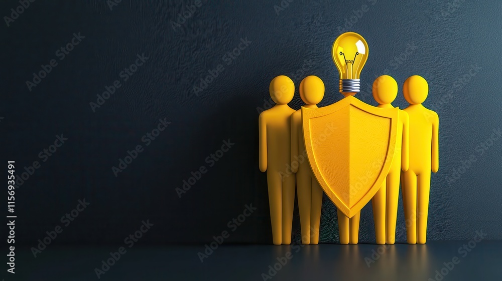 Poster teamwork innovation security 3d render of figures with shield lightbulb