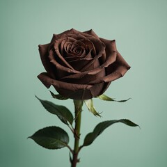 A single chocolate rose with a matte texture on a pale green background.