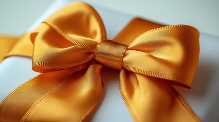 Close-up of gold ribbon bow on gift.