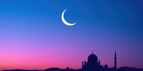 Obraz premium A minimalist Islamic background featuring a crescent moon and star, with layered abstract shapes in pastel colors and geometric accents on a soft gradient background