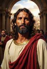 Fototapeta premium A man with a beard and long hair is wearing a red robe and looking at the camera. He is surrounded by other people, some of whom are also wearing red robes