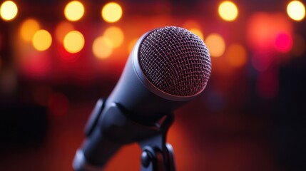 Close-up of microphone on stage with blurred lights.