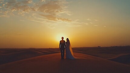 Silhouetted Couple Lovingly Embraces at Desert Sunset: Wide Shot Wedding Photo. AI Generated