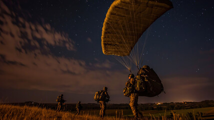 Airborne assault team parachuting into enemy territory at night. Covert operation, military, special forces.