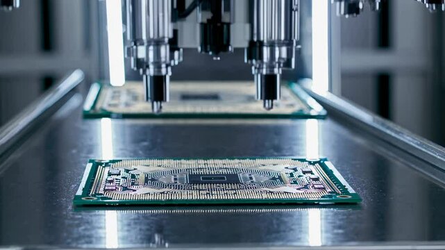 Advanced machinery at work assembling computer chips in a high-tech manufacturing facility