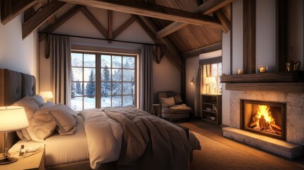 A cozy bedroom featuring wooden beams, soft linens, and a warm fireplace for a serene and inviting atmosphere