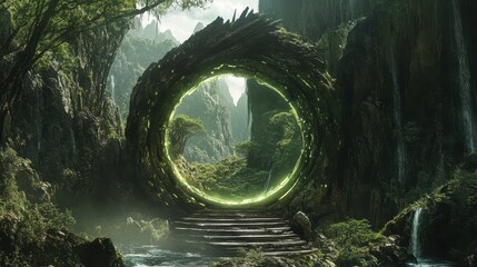 Glowing Green Portal in a Lush Forest Canyon