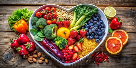 Heart-Healthy Diet: Vibrant Fruits, Vegetables & Grains in a Heart-Shaped Bowl