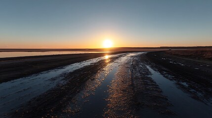 Stunning Sunset Photo: Wide Shot of Serene Desert Road Reflecting Golden Light. AI Generated