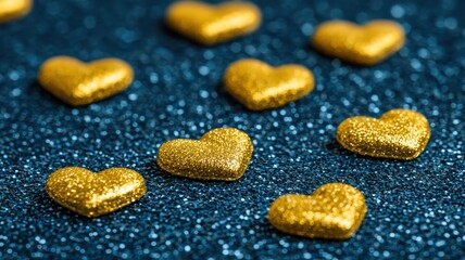 Obraz premium Romantic Gold Glitter Hearts on Blue Sparkle Background Valentines Day