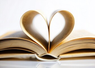 Heart Shaped Book Pages, Romantic Close Up, Open Book, White Background, Love Story