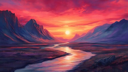 Fototapeta premium Vibrant Sunset Painting: River Flows Gently Through Majestic Mountains. AI Generated