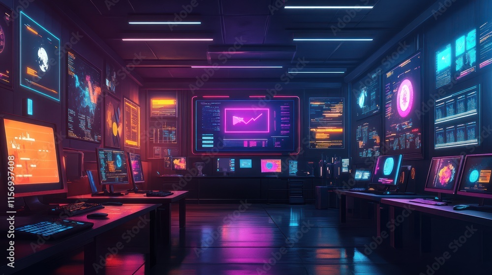 Poster futuristic control room with vibrant neon lighting and numerous computer screens displaying data.