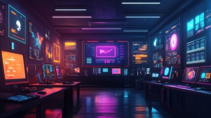 Fototapeta premium Futuristic control room with vibrant neon lighting and numerous computer screens displaying data.