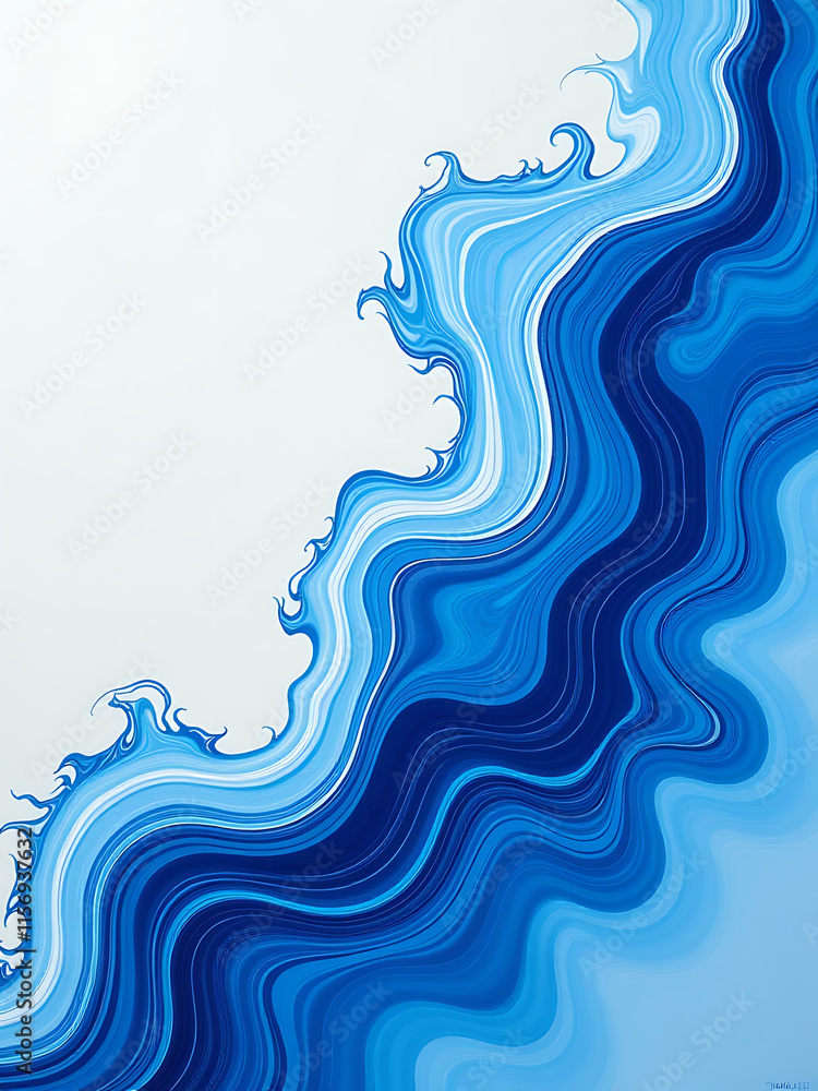 Poster vibrant blue and white acrylic paint flows freely creating random waves and curls on a textured abst