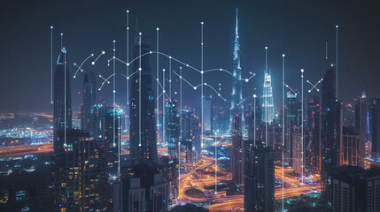 Fototapeta premium Smart digital Innovation city with connection network reciprocity over the cityscape. of future smart wireless digital city and social media networking systems that connects people with in city