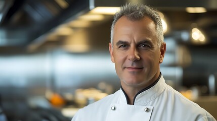 Obraz premium Close-up Photo: Confident Chef Smiles Serenely in Busy Restaurant Kitchen. AI Generated