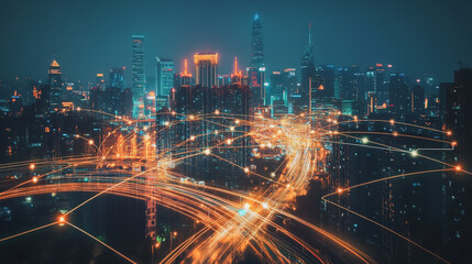 Fototapeta premium Smart digital Innovation city with connection network reciprocity over the cityscape. of future smart wireless digital city and social media networking systems that connects people with in city