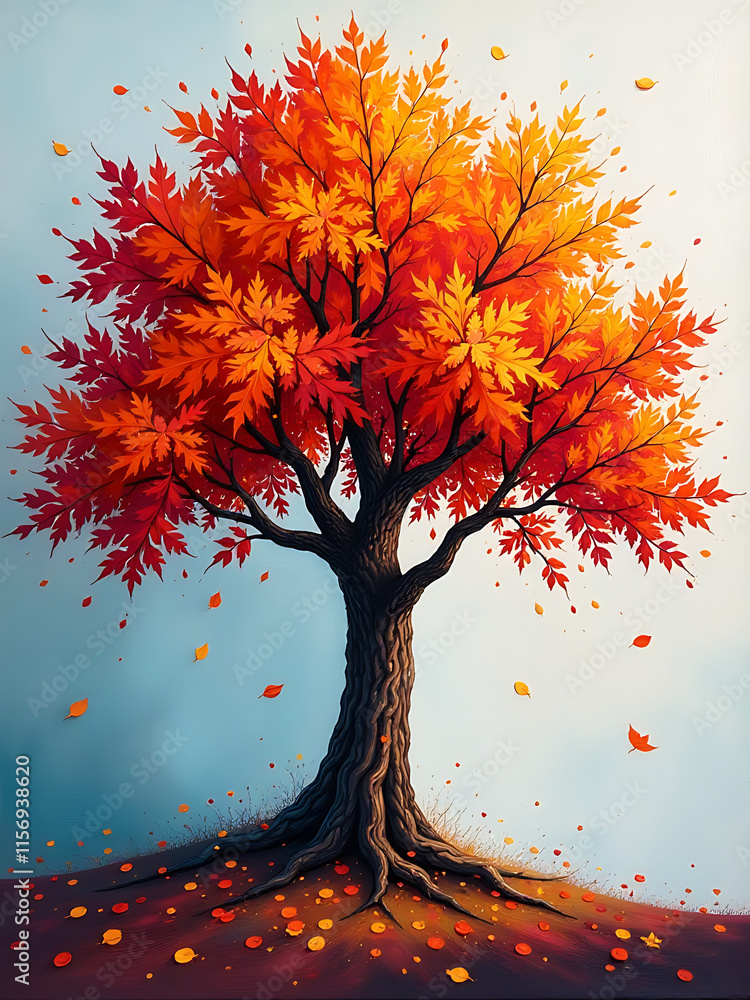 Poster vibrant autumn tree oil painting showcases colorful brushstrokes against a textured canvas in a beau