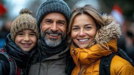 A joyful family portrait featuring a smiling man, woman, and child in winter attire.