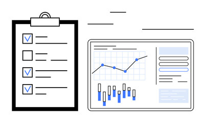 Clipboard with checklist beside a data analysis panel featuring line and bar charts, graphs, and text boxes. Ideal for project planning, task tracking, business analytics, performance evaluation